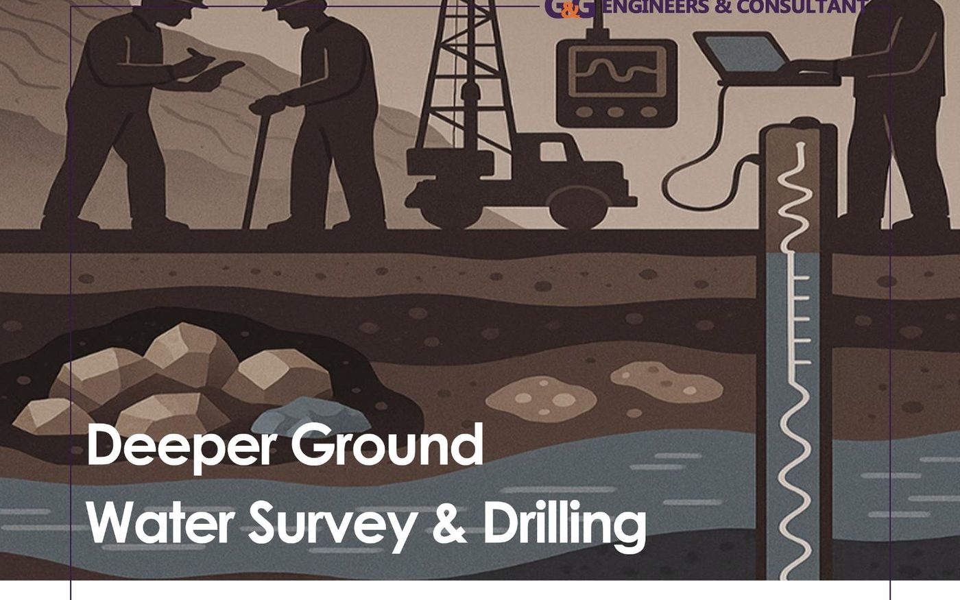 Illustration of deeper groundwater survey and drilling operation with subsurface aquifer layers