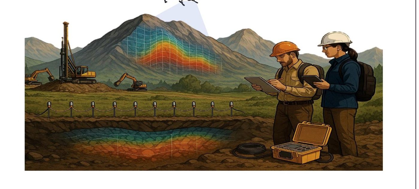 Illustration of geological survey and drone mapping over a subsurface geophysical grid